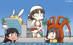 Rule 34 | 4girls, ahoge, animal ears, artoria pendragon (all), artoria pendragon (fate), artoria pendragon (swimsuit ruler) (fate), bandana, bikini, black hair, blue one-piece swimsuit, blue sky, blunt bangs, bowl, brown eyes, brown hair, chair, commentary request, crossover, crown, dated, day, fate/grand order, fate (series), from behind, glasses, gradient sky, hamu koutarou, headgear, highres, i-400 (kancolle), ise (kancolle), kantai collection, lobster, lobster costume, long hair, lounge chair, multiple girls, one-hour drawing challenge, one-piece swimsuit, outdoors, partially submerged, pince-nez, ponytail, poolside, rabbit ears, red bikini, roma (kancolle), sarong, school swimsuit, short hair, sky, swimsuit, tan, water, wavy hair, wet