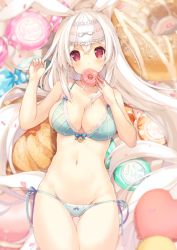Rule 34 | 1girl, animal ears, bikini, blurry, blush, breasts, candy, cleavage, closed mouth, collarbone, covering own mouth, cowboy shot, cream puff, crossed bangs, depth of field, doughnut, eating, food, green bikini, hair between eyes, hands up, headdress, heart, heart-shaped pillow, highres, holding, holding food, large breasts, long hair, looking at viewer, lying, md5 mismatch, navel, on back, original, p19, pillow, plaid, plaid bikini, rabbit ears, red eyes, resolution mismatch, side-tie bikini bottom, sidelocks, solo, source smaller, swimsuit, tareme, thighs, very long hair, virtual youtuber, white hair