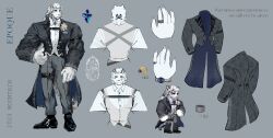 Rule 34 | 1boy, alternate costume, animal ears, arknights, bara, black suit, blue eyes, boots, bow, bowtie, character sheet, chest harness, corsage, deformed, devotion116, english text, expressionless, facial hair, fingernails, formal, from behind, full body, furry, furry male, glint, goatee, harness, highres, huge eyebrows, large hands, large pectorals, leather, leather boots, leg belt, long hair, looking ahead, looking at viewer, low ponytail, male focus, mature male, mountain (arknights), multiple views, muscular, muscular male, narrow waist, pants, pectorals, scar, scar across eye, sharp fingernails, shoes, sitting, straight-on, suit, tail, tail ornament, tail ring, tape, thick eyebrows, tiger boy, tiger ears, watch, white bow, white bowtie, white fur, white hair, wristwatch