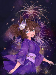 Rule 34 | 1girl, animal ears, blush, breasts, cherrydeswa, fang, fireworks, fox mask, green eyes, highres, horse ears, inari one (umamusume), japanese clothes, kimono, long sleeves, looking at viewer, mask, mask on head, obi, open mouth, purple kimono, sash, short hair, small breasts, smile, solo, textless version, thick eyebrows, twintails, twitter username, umamusume, upper body, yukata