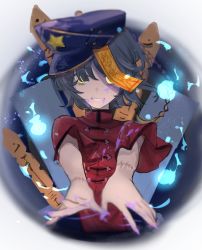 Rule 34 | 1girl, black hair, black skirt, blood, blue hat, chinese clothes, colored blood, commentary request, covered eyes, expressive clothes, fingernails, graveyard, hair between eyes, hair over one eye, hat, highres, hitodama, jiangshi, miyako yoshika, nail polish, ofuda, outstretched arms, peaked cap, purple blood, red shirt, sharp teeth, shirt, short hair, short sleeves, skirt, solo, star (symbol), stitches, tangzhuang, teeth, tombstone, touhou, two-tone background, upper body, wayon154, wide sleeves, yellow eyes, zombie pose