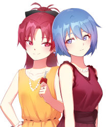 Rule 34 | 2girls, alternate costume, bad id, bad pixiv id, bare shoulders, black bow, blue eyes, blue hair, blush, bow, bracelet, breasts, car keys, closed mouth, collarbone, commentary request, dress, earrings, hair between eyes, hair bow, hand on own hip, highres, holding, jewelry, long hair, looking at viewer, mahou shoujo madoka magica, mahou shoujo madoka magica (anime), miki sayaka, multiple girls, necklace, notori d, parted bangs, pearl necklace, ponytail, purple dress, purple hair, ring, sakura kyoko, sash, short hair, simple background, sleeveless, sleeveless dress, small breasts, smile, upper body, white background, yellow dress