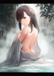 Rule 34 | 1girl, artist name, back, bad id, bad pixiv id, bare back, bathing, black hair, blue eyes, branch, hands up, highres, japanese clothes, leaf, letterboxed, light smile, long hair, looking at viewer, looking back, nape, nature, original, plant, robe, rock, shi-ro, signature, solo, steam, water, waterfall