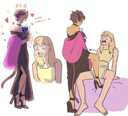 Rule 34 | 2girls, adora (she-ra), animal ears, blonde hair, cat ears, cat girl, cat tail, catra, couple, dress, high heels, long hair, masters of the universe, multiple girls, she-ra and the princesses of power, shirt, short hair, tail, underwear, yuri