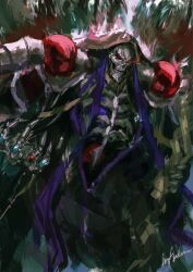Rule 34 | 1boy, ainz ooal gown, artist name, aura, black robe, bone, commentary, english commentary, eye trail, highres, holding, holding staff, hood, hooded robe, infukun, jewelry, lich, light trail, looking at viewer, open mouth, orb, overlord (maruyama), red eyes, ring, robe, signature, skeletal arm, skeleton, skull, staff, undead