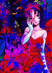 Rule 34 | 1girl, abstract background, absurdres, black hair, blood, blood on face, breasts, cleavage, collarbone, dress, elbow gloves, flower, gloves, hairband, hand on own face, highres, kirigoe mima, looking at viewer, medium breasts, medium hair, otonoha aika, perfect blue, red dress, red hairband, short hair, simple fish, smile, solo, sparkle, splatter, strapless, strapless dress, white gloves