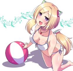Rule 34 | 1girl, aki rosenthal, alternate costume, apple, ball, bare shoulders, barefoot, beachball, bikini, blonde hair, bob cut, breast hold, breasts, cleavage, collarbone, detached hair, feet, food, fruit, hair ornament, highres, hololive, jewelry, kneeling, knees, looking at viewer, necklace, parted bangs, purple eyes, shadow, solo, swimsuit, tagme, thighs, twintails, virtual youtuber, white background, yoru no night