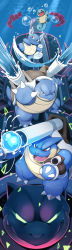 Rule 34 | absurdres, blastoise, blue theme, bubble, claws, closed mouth, commentary request, creatures (company), evolutionary line, fangs, fangs out, game freak, gen 1 pokemon, gigantamax, gigantamax blastoise, glowing, glowing eyes, highres, kinoshita jiroh, looking to the side, mega blastoise, mega pokemon, nintendo, no humans, open mouth, pokemon, pokemon (creature), smile, squirtle, surfing, tongue, wartortle, water