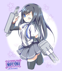 Rule 34 | 10s, 1girl, arm warmers, artist name, asashio (kancolle), black thighhighs, blue eyes, blush, character name, clenched hand, cowboy shot, cropped legs, kantai collection, long hair, machinery, one eye closed, pikazo, purple background, school uniform, skirt, smile, solo, star (symbol), thighhighs, turret, zettai ryouiki