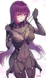 Rule 34 | 1girl, artist name, blush, bodysuit, breasts, commentary request, covered navel, damda, fate/grand order, fate (series), hair between eyes, hair intakes, large breasts, long hair, looking at viewer, purple bodysuit, purple hair, red eyes, revision, scathach (fate), signature, solo, thighs, torn bodysuit, torn clothes
