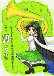 Rule 34 | 1girl, beamed quavers, black hair, black wings, bow, cape, hair bow, instrument, monrooru, musical note, open mouth, ponytail, quaver, red eyes, reiuji utsuho, simple background, solo, touhou, tuba, wings