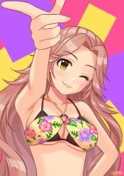 Rule 34 | 1girl, bikini, breasts, brown eyes, cleavage, closed mouth, collarbone, floral print, grid background, hamakawa ayuna, highres, idolmaster, idolmaster cinderella girls, idolmaster cinderella girls starlight stage, large breasts, long hair, multicolored background, o-ring, o-ring bikini, one eye closed, pink hair, pointing, pointing at viewer, smile, solo, swimsuit, wgm oekaki