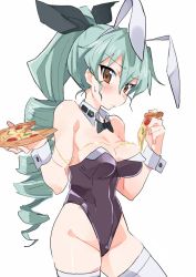 Rule 34 | 10s, 1girl, alternate hairstyle, anchovy (girls und panzer), animal ears, black bow, blush, bow, breasts, brown eyes, cheese, cleavage, closed mouth, collarbone, cowboy shot, curvy, detached collar, drill hair, expressionless, eyebrows, fake animal ears, food, food on body, girls und panzer, green hair, groin, hair between eyes, hair bow, hairband, hibimegane, holding, holding food, leotard, looking at viewer, medium breasts, pizza, playboy bunny, ponytail, rabbit ears, shiny skin, simple background, solo, standing, strapless, strapless leotard, sweatdrop, thighhighs, tsurime, white background, white thighhighs, wide hips, wrist cuffs