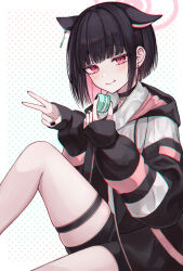 Rule 34 | 1girl, :t, absurdres, alternate costume, animal ears, black choker, black hair, black jacket, black nails, black shorts, blue archive, blunt bangs, blush, cat ears, cat girl, choker, closed mouth, colored inner hair, commentary, earrings, extra ears, food, halo, highres, holding, holding food, jacket, jewelry, kazusa (blue archive), knee up, long sleeves, looking at viewer, macaron, mokamaboko, multicolored clothes, multicolored hair, multicolored jacket, nail polish, open clothes, open jacket, pink eyes, pink hair, pink halo, polka dot, polka dot background, puffy long sleeves, puffy sleeves, shirt, shorts, simple background, skindentation, smile, solo, stud earrings, thigh strap, two-tone hair, white background, white shirt