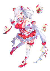 Rule 34 | 1girl, bow, bowtie, breasts, buttons, cherry earrings, clothing cutout, earrings, flower, food-themed earrings, food themed earrings, frilled skirt, frills, fruits fulcute!, gloves, grey hair, hair between eyes, hair flower, hair ornament, highres, idol, idol clothes, jewelry, large breasts, long hair, mizurapi, navel, one eye closed, open mouth, partially fingerless gloves, pink flower, pink rose, purple flower, purple rose, red bow, red eyes, red footwear, red ribbon, red skirt, ribbon, ringo (fruits fulcute!), rose, shirt, sideboob, skirt, sleeveless, sleeveless shirt, teeth, thigh strap, upper teeth only, white bow, white bowtie, white gloves, white ribbon