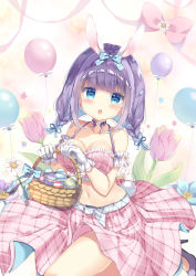 Rule 34 | 1girl, :o, animal ear fluff, animal ears, balloon, bare shoulders, basket, blue bow, blue eyes, blue flower, blue ribbon, blush, bow, braid, breasts, collarbone, commentary request, crop top, easter, easter egg, egg, flower, frills, gloves, hair bow, hair ribbon, high heels, highres, holding, holding basket, large breasts, long hair, looking at viewer, low twintails, original, pale color, parted lips, pastel colors, pink bow, pink flower, pink skirt, plaid, plaid skirt, polka dot, polka dot bow, purple flower, purple footwear, purple hair, rabbit ears, rabbit girl, rabbit tail, ribbon, saeki sora, shoes, short twintails, signature, skirt, solo, tail, teeth, twin braids, twintails, upper teeth only, white flower, white gloves