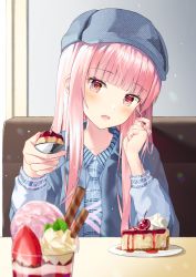 Rule 34 | 1girl, blue hat, blue jacket, blue necktie, blue shirt, blunt bangs, blush, cabbie hat, cake, cake slice, collared shirt, commentary request, couch, feeding, food, hand up, hat, head tilt, highres, holding, holding spoon, hyonee, indoors, jacket, long hair, long sleeves, looking at viewer, necktie, on couch, open mouth, original, parfait, pink hair, plate, red eyes, restaurant, ruffling hair, shirt, sitting, solo, spoon, striped necktie, striped neckwear, upper body, very long hair