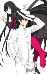 Rule 34 | 1boy, 1girl, black hair, black sailor collar, black shirt, black skirt, closed mouth, double v, fate/grand order, fate (series), fedora, gloves, hand in pocket, hand on headwear, hands up, hat, jacket, long hair, long sleeves, looking at viewer, one eye closed, oryou (fate), pants, pantyhose, parted lips, pink pantyhose, pleated skirt, ponytail, red eyes, sailor collar, sakamoto ryouma (fate), school uniform, serafuku, shirt, shiseki hirame, simple background, skirt, smile, standing, v, very long hair, white background, white gloves, white headwear, white jacket, white pants