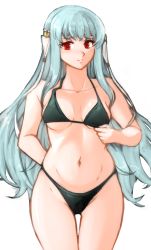 Rule 34 | 1girl, absurdres, alternate costume, aqua hair, arm behind back, bikini, black bikini, blush, breasts, circlet, collarbone, commentary, fire emblem, fire emblem: the blazing blade, green bikini, groin, highleg, highleg bikini, highleg swimsuit, highres, long hair, looking at viewer, medium breasts, navel, ninian (fire emblem), nintendo, red eyes, simple background, solo, swimsuit, symbol-only commentary, tridisart, very long hair, white background