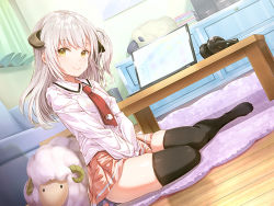 Rule 34 | 1girl, black socks, black thighhighs, book, book stack, computer, couch, curtains, dutch angle, grey hair, horns, indoors, kneehighs, laptop, looking at viewer, odadadada, official art, original, pink skirt, red neckwear, rug, sheep, sheep horns, shirt, side ponytail, sitting, skindentation, skirt, smile, socks, solo, stuffed animal, stuffed sheep, stuffed toy, thighhighs, thighs, white shirt, wooden floor, yellow eyes