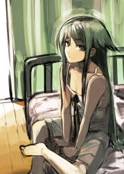Rule 34 | 1girl, bare shoulders, barefoot, bed, chemise, flat chest, green eyes, green hair, highres, long hair, matching hair/eyes, saya (saya no uta), saya no uta, sitting, smile, solo, takenaka hideo, very long hair