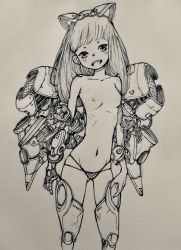 Rule 34 | 1girl, aki001208, animal ears, bare shoulders, boots, breasts, cat ears, cyborg, earrings, female focus, highres, jewelry, long hair, monochrome, navel, nipples, open mouth, original, panties, robot ears, science fiction, small breasts, solo, thigh boots, thighhighs, topless, traditional media, underwear