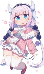 Rule 34 | 1girl, beads, blue eyes, blunt bangs, blush, child, dress, flower, full body, hair beads, hair ornament, hairband, highres, horns, kanna kamui, kobayashi-san chi no maidragon, legs, long hair, long sleeves, looking at viewer, open mouth, pink dress, purple hair, shoes, sidelocks, simple background, solo, thighhighs, thighs, twintails, very long hair, wagashi928, white background, white thighhighs, zettai ryouiki