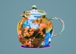 Rule 34 | aqua background, highres, leaf, meyoco, no humans, original, photo-referenced, refraction, shadow, signature, simple background, teapot