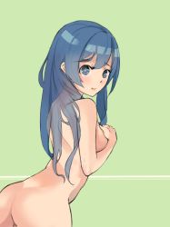 Rule 34 | 10s, 1girl, alternate eye color, ass, backboob, bad id, bad pixiv id, blue eyes, blue hair, breasts, completely nude, green background, long hair, looking at viewer, love live!, love live! school idol project, matching hair/eyes, mebin, medium breasts, nude, solo, sonoda umi