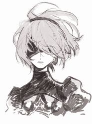 Rule 34 | 1girl, blindfold, dizi930, greyscale, hairband, highres, mole, mole under mouth, monochrome, nier (series), nier:automata, parted lips, puffy sleeves, short hair, simple background, sketch, solo, turtleneck, upper body, white background, wind, 2b (nier:automata)