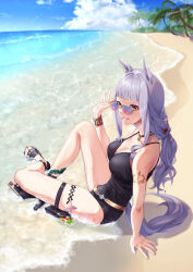 Rule 34 | 1girl, animal ears, bare shoulders, beach, black footwear, blue sky, blunt bangs, bracelet, breasts, cleavage, cloud, cloudy sky, commentary request, dela, ear ornament, feet, gold ship (run revolt launcher) (umamusume), gold ship (umamusume), grey hair, high heels, highres, holster, horse ears, horse girl, horse tail, jewelry, knee up, large breasts, legs, long hair, nail polish, necklace, ocean, official alternate costume, official alternate hairstyle, on ground, outdoors, palm tree, ponytail, sand, sandals, sky, solo, starfish, strappy heels, sunglasses, tail, thigh holster, thigh strap, toenail polish, toenails, toes, tree, umamusume, water, water gun