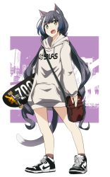 Rule 34 | :d, animal ear fluff, animal ears, bag, bare legs, black footwear, black hair, blush, casul, cat ears, cat girl, cat tail, clothes writing, commentary request, contemporary, full body, green eyes, grey hoodie, highres, hood, hood down, hoodie, karyl (princess connect!), long hair, long sleeves, low twintails, multicolored hair, nike (company), open mouth, shoes, shoulder bag, skateboard, smile, sneakers, solo, standing, streaked hair, tail, tanashi (mk2), town, twintails, two-tone background, very long hair, white hair