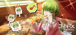Rule 34 | !, 1girl, = =, blush, bow, breasts, c.c., cheese trail, chibi, chibi inset, code geass, code geass: lost stories, copyright name, cup, english text, eyebrows hidden by hair, food, glint, green hair, hair bow, head tilt, heart, highres, holding, holding food, holding pizza, indoors, looking at viewer, low ponytail, medium breasts, musical note, official art, open mouth, parted lips, pink bow, pizza, pizza slice, shadow, smile, speech bubble, spoken musical note, water, yellow eyes