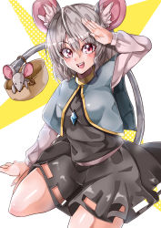 Rule 34 | 1girl, :d, absurdres, animal ears, basket, blouse, blue capelet, capelet, commentary request, crystal, grey hair, grey skirt, grey tail, grey vest, hair between eyes, highres, jewelry, layered clothes, long sleeves, looking at viewer, mahoro (minase mahoro), mouse (animal), mouse ears, mouse girl, mouse tail, nazrin, open mouth, pendant, red eyes, salute, shirt, simple background, skirt, skirt set, smile, solo, tail, teeth, thighs, touhou, upper teeth only, vest, white shirt