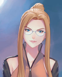 Rule 34 | 1girl, blonde hair, blue background, blue eyes, close-up, closed mouth, collarbone, commentary, fateline alpha, final fantasy, final fantasy viii, glasses, hair bun, high collar, highres, jacket, lips, long hair, looking at viewer, pink lips, quistis trepe, sidelocks, single hair bun, smile, solo, zipper