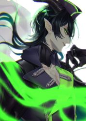 Rule 34 | 1boy, black gloves, black hair, chromatic aberration, collarbone, fang, film grain, fire, gloves, glowing, glowing eyes, green eyes, green fire, hair between eyes, highres, horns, long hair, looking at viewer, male focus, malleus draconia, nipponia nippon, parted lips, pointy ears, sideways glance, simple background, solo, twisted wonderland, white background