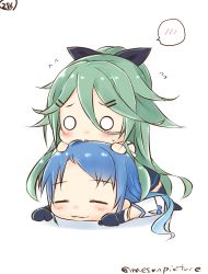 Rule 34 | 10s, 2girls, :3, blue hair, blush, chibi, closed eyes, commentary request, flying sweatdrops, girl on top, gloves, gradient hair, green hair, hair ornament, hair ribbon, hairclip, highres, kantai collection, long hair, mae (maesanpicture), multicolored hair, multiple girls, numbered, o o, ribbon, samidare (kancolle), skirt, speech bubble, spoken blush, swept bangs, thighhighs, twitter username, yamakaze (kancolle)