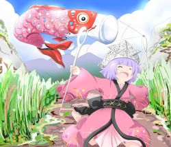 Rule 34 | 1girl, ^ ^, barefoot, blue sky, blush stickers, closed eyes, cloud, commentary request, day, grass, happy, japanese clothes, kikurage (sugi222), kimono, kodomo no hi, koinobori, light purple hair, long sleeves, mini person, minigirl, mountain, needle, obi, open mouth, outdoors, outstretched arms, paper hat, paper kabuto, petticoat, road, running, sash, short hair, sky, solo, spread arms, sukuna shinmyoumaru, touhou, windsock