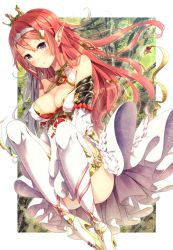 Rule 34 | 1girl, artist name, bad id, bad pixiv id, between legs, blush, border, breasts, cleavage, closed mouth, crown, detached sleeves, dress, dutch angle, hair between eyes, hair ornament, hairclip, halterneck, hand between legs, high heels, large breasts, long hair, looking at viewer, mini crown, pink eyes, pointy ears, red hair, shadowverse, signature, solo, thighhighs, tiara, white border, white dress, white thighhighs, yoshikanakamura