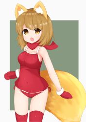 Rule 34 | 1girl, animal ears, berusa (berutoo), bikini, blue archive, bob cut, brown eyes, brown hair, camisole, christmas, commentary, covered navel, cowboy shot, fang, fox ears, fox tail, fur-trimmed mittens, fur trim, green background, highres, izuna (blue archive), looking at viewer, mittens, open mouth, outside border, red camisole, red mittens, red scarf, red thighhighs, scarf, short hair, side-tie bikini bottom, skin fang, solo, standing, swimsuit, tail, thighhighs, underwear, underwear only