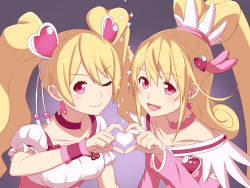 Rule 34 | 00s, 2girls, ;), aida mana, blonde hair, blush, brooch, choker, color connection, cure heart, cure peach, dokidoki! precure, earrings, eyelashes, fresh precure!, hair ornament, hairpin, half updo, heart, heart brooch, heart hair ornament, heart hands, heart hands duo, highres, jewelry, long hair, look-alike, magical girl, momozono love, multiple girls, one eye closed, pink eyes, ponytail, precure, smile, twintails, unpale, wink, wrist cuffs
