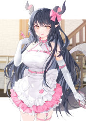 Rule 34 | 1girl, apron, bare shoulders, belt, black hair, bow, breasts, collar, cowboy shot, curled horns, dragon girl, dragon horns, dragon tail, dress, elbow gloves, fang, frilled dress, frills, gloves, hair bow, hand up, highres, holding, horns, large breasts, long hair, looking at viewer, maid, maid apron, mole, mole on armpit, open mouth, original, pen, pink dress, pointy ears, ronopu, sidelocks, sleeveless, sleeveless dress, slit pupils, smile, solo, tail, taut clothes, taut dress, thigh strap, very long hair, white gloves, yellow eyes