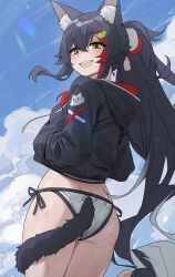 Rule 34 | 1girl, animal ear fluff, animal ears, ass, bikini, black footwear, black hair, black hoodie, black jacket, blush, from behind, from below, hair between eyes, hair ornament, hairclip, hands in pockets, highres, hololive, hood, hoodie, jacket, long hair, multicolored hair, no pants, ookami mio, ookami mio (hololive summer 2019), open mouth, ponytail, red hair, rimori22, side-tie bikini bottom, sidelocks, sky, solo, spiked hair, streaked hair, sweat, swimsuit, tail, tail around own leg, tail wrap, very long hair, virtual youtuber, white hair, wolf ears, wolf girl, wolf tail, yellow eyes