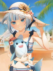 Rule 34 | 1girl, absurdres, bad id, bad pixiv id, bare arms, bikini, bloop (gawr gura), blue hair, blue sky, brown hat, collarbone, commentary, creature, day, flower, frilled bikini, frills, gawr gura, grin, hand on headwear, hand up, hat, hat flower, highres, holding, holding creature, hololive, hololive english, lichiko, long hair, looking at viewer, multicolored hair, navel, outdoors, palm tree, pink flower, sharp teeth, signature, sky, smile, solo, stomach, straw hat, streaked hair, striped bikini, striped clothes, sun hat, sunflower, swimsuit, teeth, tree, upper body, virtual youtuber, white hair, yellow flower