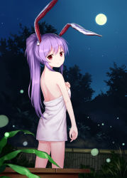 Rule 34 | 1girl, alternate hairstyle, animal ears, back, bare back, blush, rabbit ears, female focus, from behind, full moon, highres, long hair, looking back, moon, naked towel, night, night sky, outdoors, ponytail, purple hair, red eyes, reisen udongein inaba, sky, smile, solo, star (symbol), touhou, towel, tucana