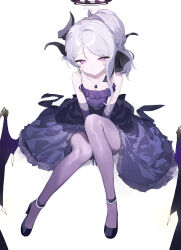 Rule 34 | 1girl, absurdres, black horns, blue archive, blush, closed mouth, demon horns, demon wings, dress, elbow gloves, gloves, grey hair, halo, highres, hina (blue archive), hina (dress) (blue archive), horns, long hair, looking at viewer, official alternate costume, purple dress, purple eyes, purple gloves, purple wings, sh (shinh), solo, strapless, strapless dress, wings