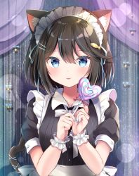 Rule 34 | 1girl, :p, absurdres, animal ear fluff, animal ears, apron, black dress, black hair, blue eyes, breasts, candy, cat ears, cat girl, cat tail, closed mouth, commentary, curtains, dress, english commentary, food, hair between eyes, hands up, heart, heart-shaped lollipop, highres, holding, holding candy, holding food, holding lollipop, lollipop, looking at viewer, maid, maid headdress, masayo (gin no ame), original, puffy short sleeves, puffy sleeves, shaped lollipop, short sleeves, small breasts, smile, solo, swirl lollipop, tail, tail raised, tongue, tongue out, upper body, white apron, wrist cuffs