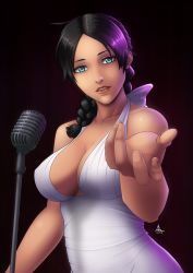 Rule 34 | 10s, 1girl, 2015, alex benedetto, bare shoulders, black hair, blue eyes, braid, breasts, cleavage, dark skin, dark-skinned female, dress, gangsta, gown, halterneck, highres, large breasts, lipstick, looking at viewer, makeup, microphone, outstretched arm, parted lips, scyfon, solo, white dress