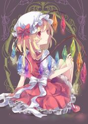 Rule 34 | 1girl, blonde hair, crystal, flandre scarlet, from behind, full body, grey background, hat, hat ribbon, highres, hiyoko no tataki, mary janes, md5 mismatch, mob cap, profile, puffy sleeves, red eyes, resized, resolution mismatch, ribbon, shirt, shoes, short hair, short sleeves, side ponytail, sitting, skirt, skirt set, solo, source larger, touhou, vest, wings