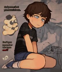 Rule 34 | 1boy, artist name, blue eyes, bow, bowtie, brown hair, child, commentary, crying, crying child (fnaf), crying with eyes open, dabi bill, denim, denim shorts, english commentary, english text, five nights at freddy&#039;s, five nights at freddy&#039;s 4, hat, highres, male focus, sad, shirt, short hair, shorts, striped clothes, striped shirt, stuffed animal, stuffed toy, tears, teddy bear, top hat, zoom layer